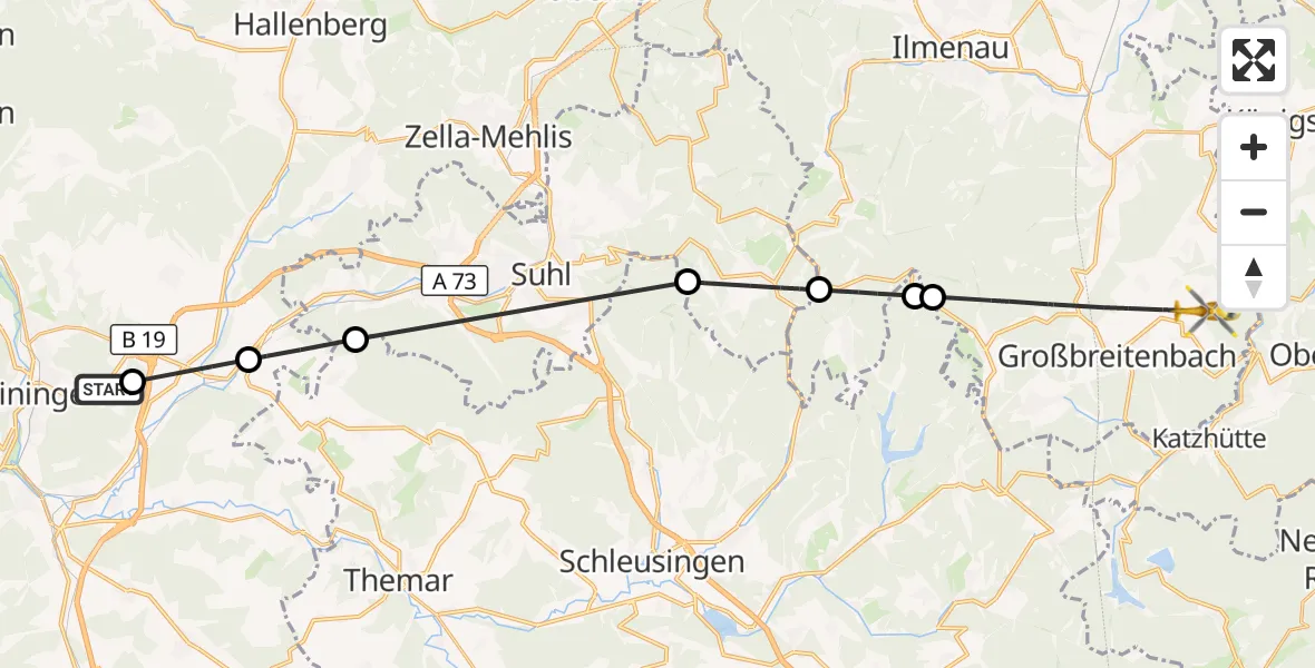 Flugroute Rettungshubschrauber Meiningen - Großbreitenbach, 20 Juli 2026, 10:06