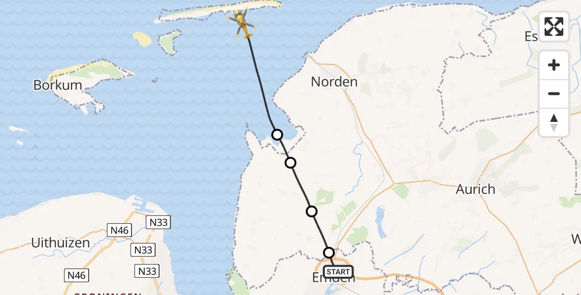 Flugroute Ambulanzhubschrauber Emden - Noordzee, 20 Juli 2026, 10:07