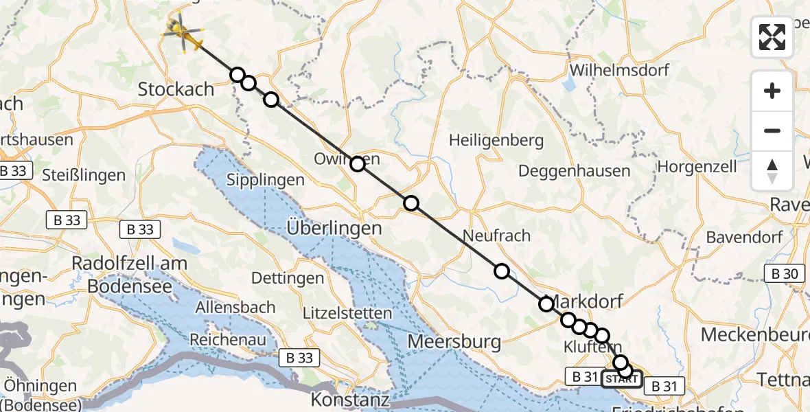 Flugroute Rettungshubschrauber Friedrichshafen Hospital - Stockach, 20 Juli 2026, 10:09