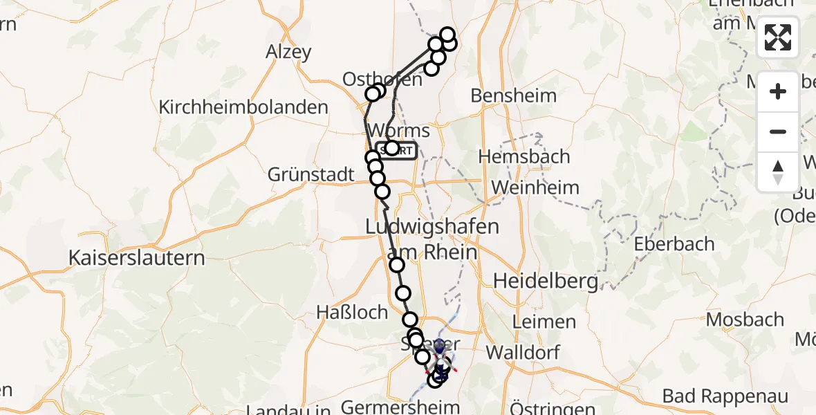 Flugroute Polizeihubschrauber Bobenheim-Roxheim - Speyer, 20 Juli 2026, 10:09