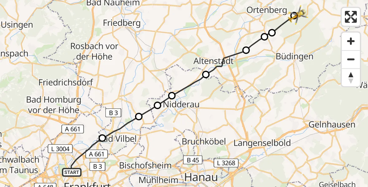 Flugroute Ambulanzhubschrauber Frankfurt am Main - Ortenberg, 20 Juli 2026, 10:10