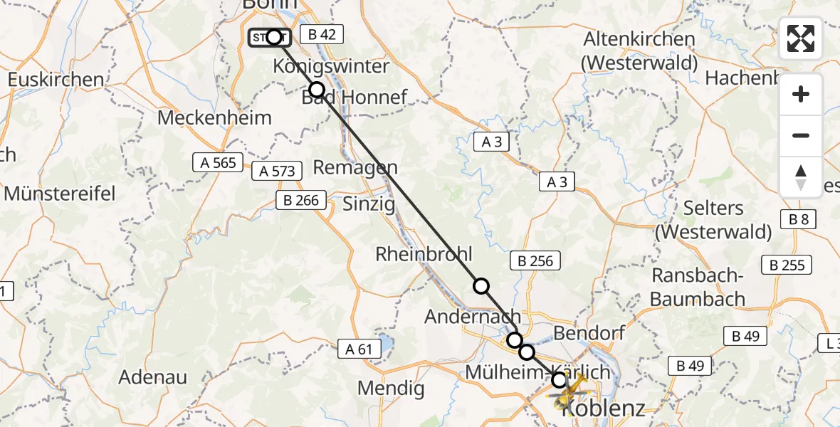 Flugroute Rettungshubschrauber Bonn University Hospital - Koblenz, 20 Juli 2026, 10:17