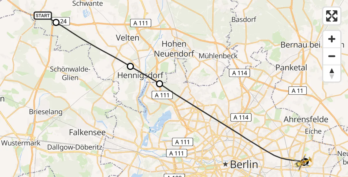 Flugroute Rettungshubschrauber Kremmen - Berlin Emergency Hospital, 20 Juli 2026, 10:27