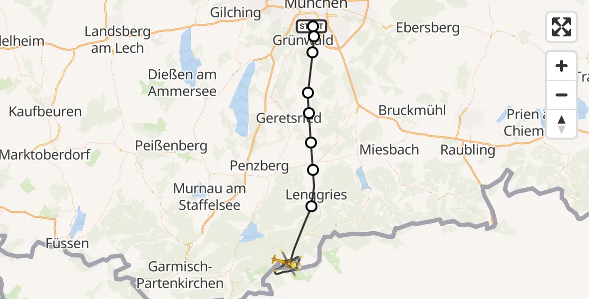 Flugroute Rettungshubschrauber ADAC Air Rescue Center Hubschrauberlandeplatz (Christoph 1) - Lenggries, 20 Juli 2026, 10:29
