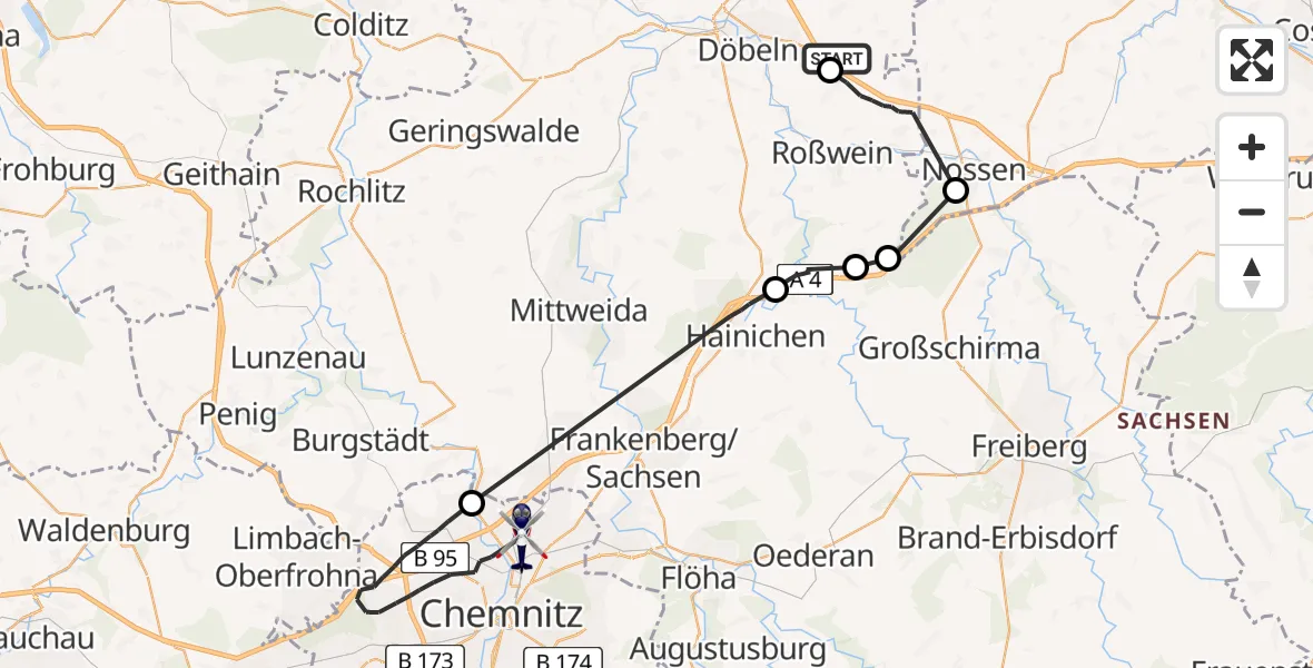 Flugroute Polizeihubschrauber Döbeln - Chemnitz, 20 Juli 2026, 10:29