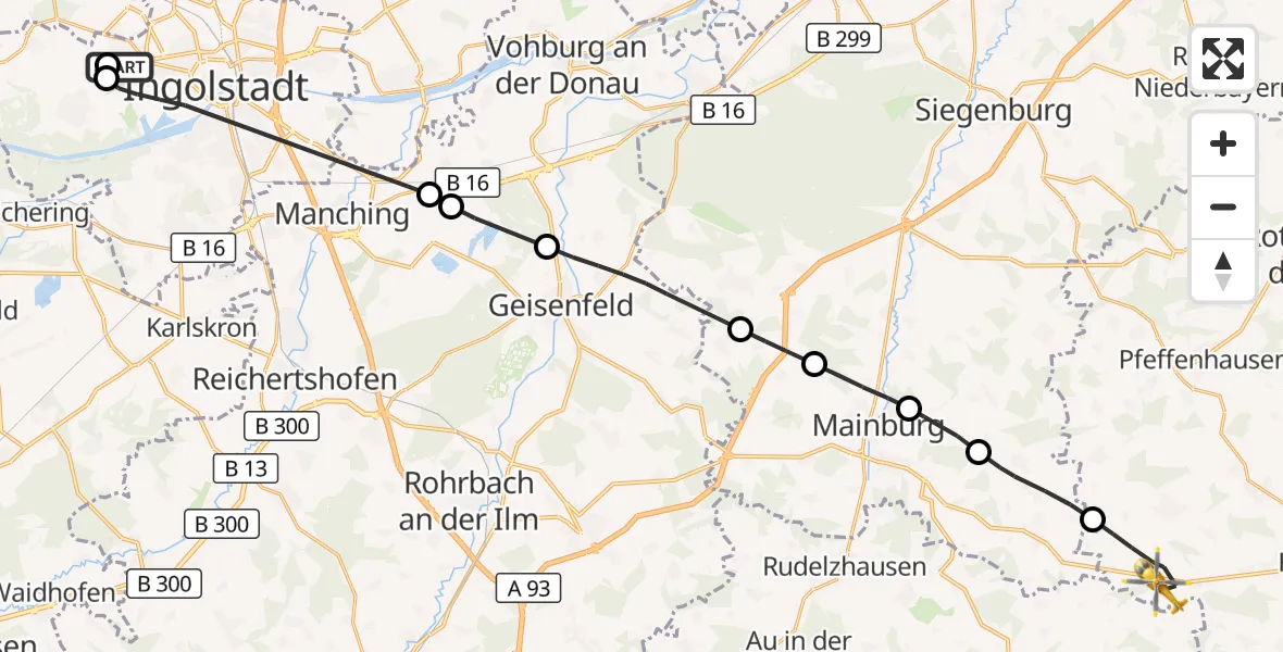 Flugroute Rettungshubschrauber Ingolstadt Hospital - Obersüßbach, 20 Juli 2026, 10:30