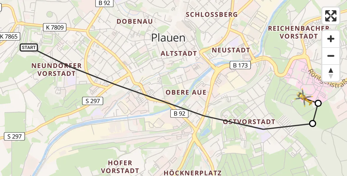 Flugroute Rettungshubschrauber Plauen - Helios Clinic Plauen, 20 Juli 2026, 10:47