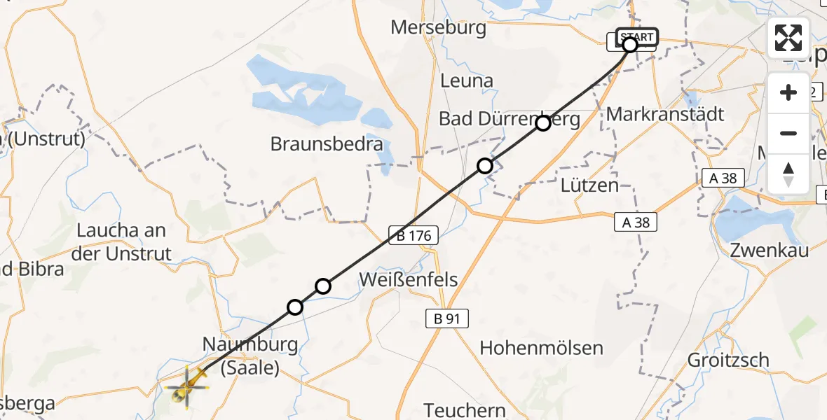 Flugroute Rettungshubschrauber ADAC Air Rescue Station Leipzig/Schkeuditz-Dölzig Hubschrauberlandeplatz (Christoph 61) - Naumburg (Saale), 20 Juli 2026, 10:48