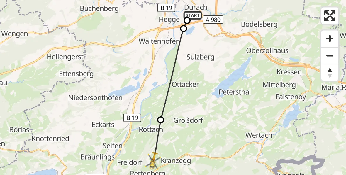 Flugroute Rettungshubschrauber Kempten-Durach Flugplatz - Rettenberg, 20 Juli 2026, 10:58