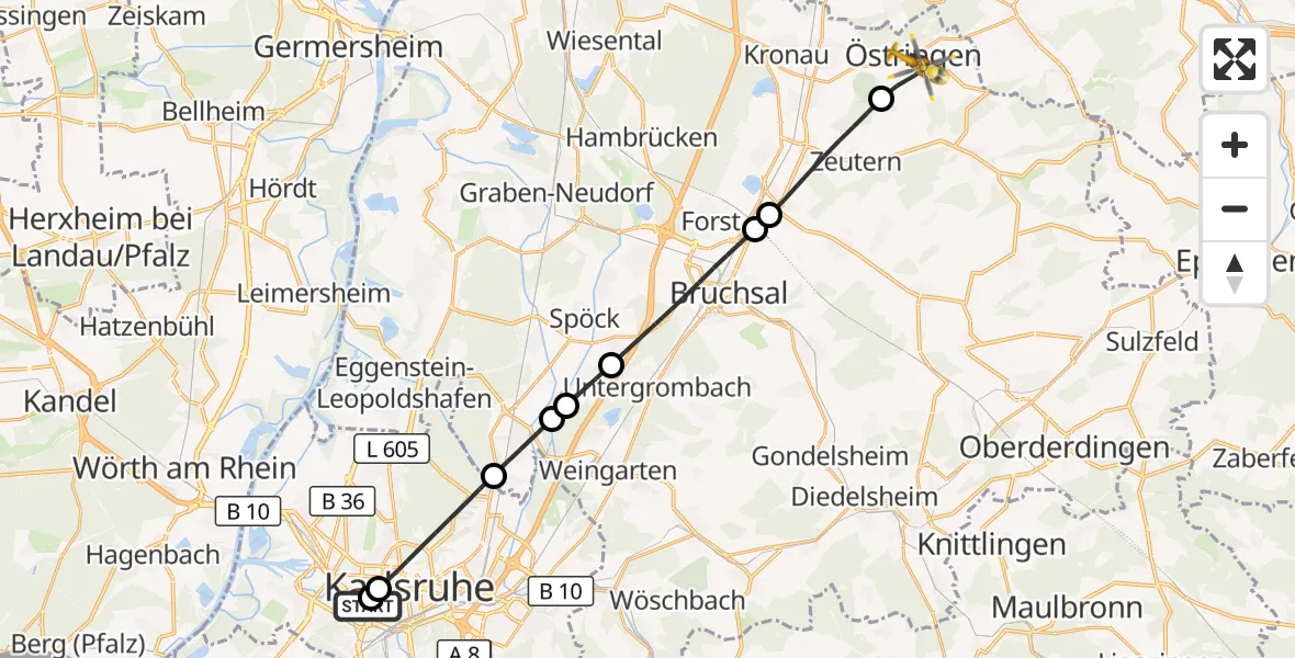 Flugroute Ambulanzhubschrauber Sankt Vincentius Hospital - Östringen, 20 Juli 2026, 11:00