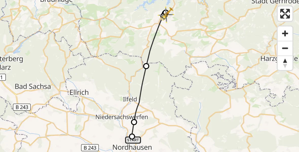 Flugroute Rettungshubschrauber Südharz Hospital Nordhausen - Hasselfelde Flugplatz, 20 Juli 2026, 11:02