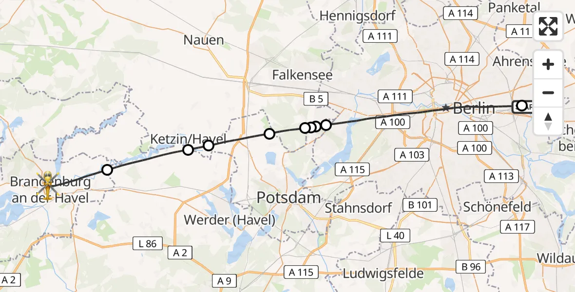 Flugroute Rettungshubschrauber Berlin Emergency Hospital - Brandenburg an der Havel, 20 Juli 2026, 11:03