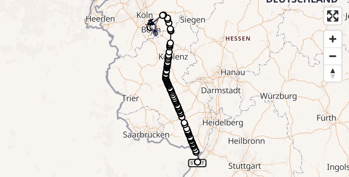 Flugroute Polizeihubschrauber Iffezheim - Sankt Augustin, 20 Juli 2026, 11:05