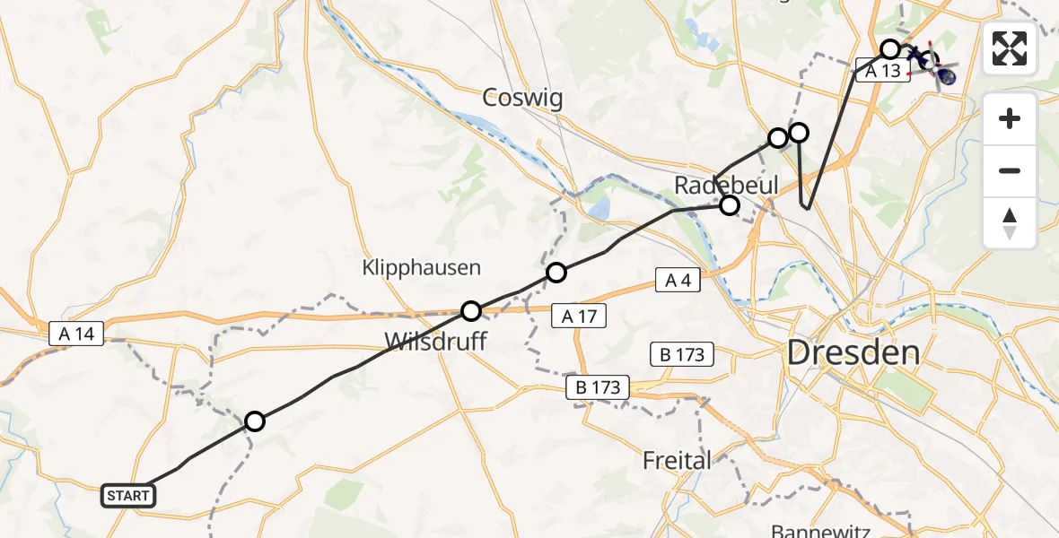 Flugroute Polizeihubschrauber Reinsberg - Dresden Bundespolizei Hubschrauberlandeplatz, 20 Juli 2026, 11:06