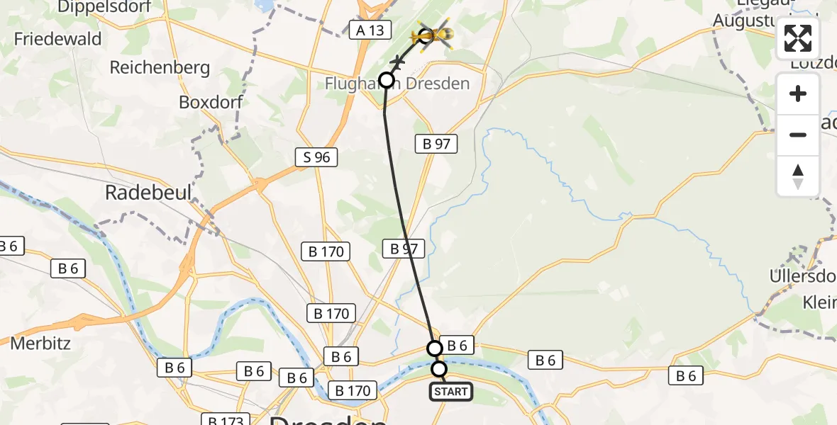 Flugroute Rettungshubschrauber Dresden University Hospital - Dresden Bundespolizei Hubschrauberlandeplatz, 20 Juli 2026, 11:07
