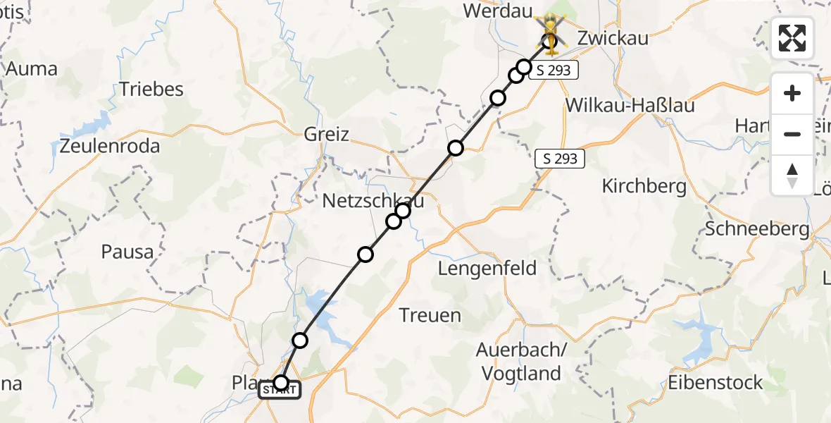 Flugroute Rettungshubschrauber Helios Clinic Plauen - ADAC Air Rescue Station Zwickau Hubschrauberlandeplatz, 20 Juli 2026, 11:12