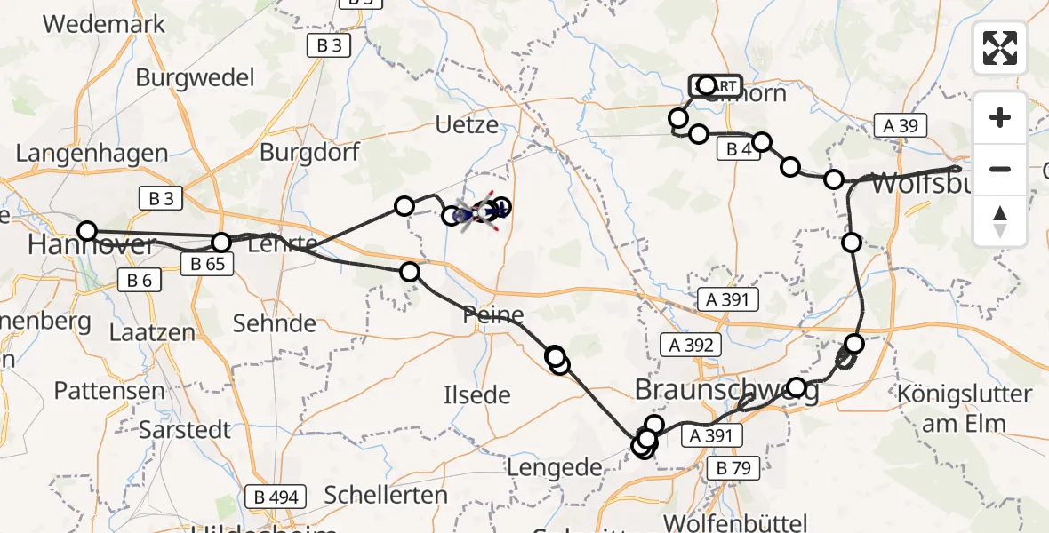 Flugroute Polizeihubschrauber Gifhorn Bundespolizei Hubschrauberlandeplatz - Edemissen, 20 Juli 2026, 11:12