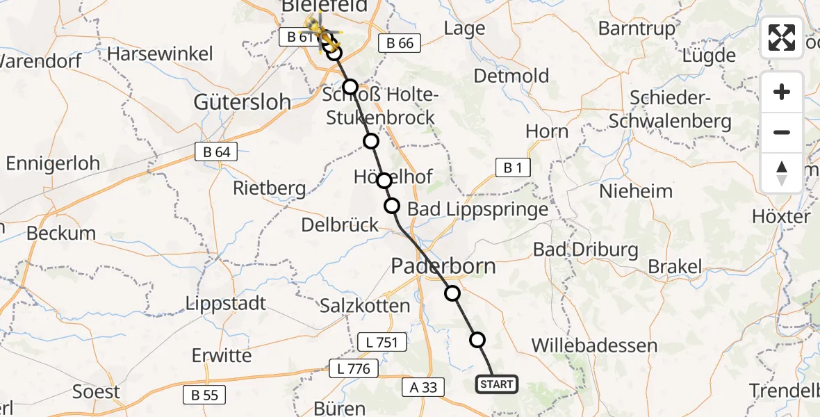Flugroute Rettungshubschrauber Lichtenau - Luftrettungszentrum Bielefeld, 20 Juli 2026, 11:14