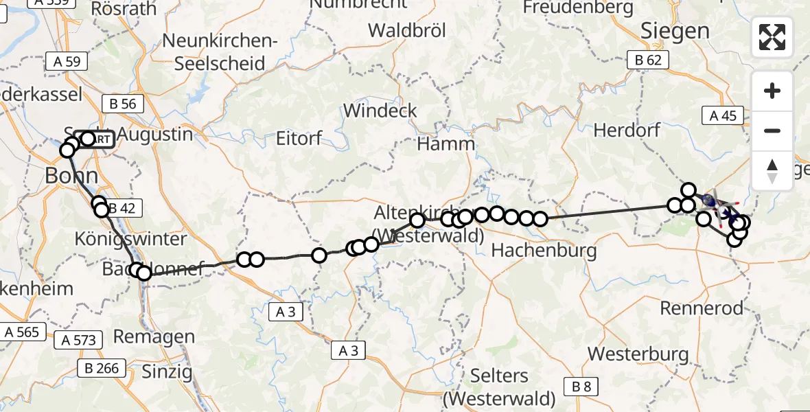 Flugroute Polizeihubschrauber Sankt Augustin - Siegerland Flughafen, 20 Juli 2026, 11:27