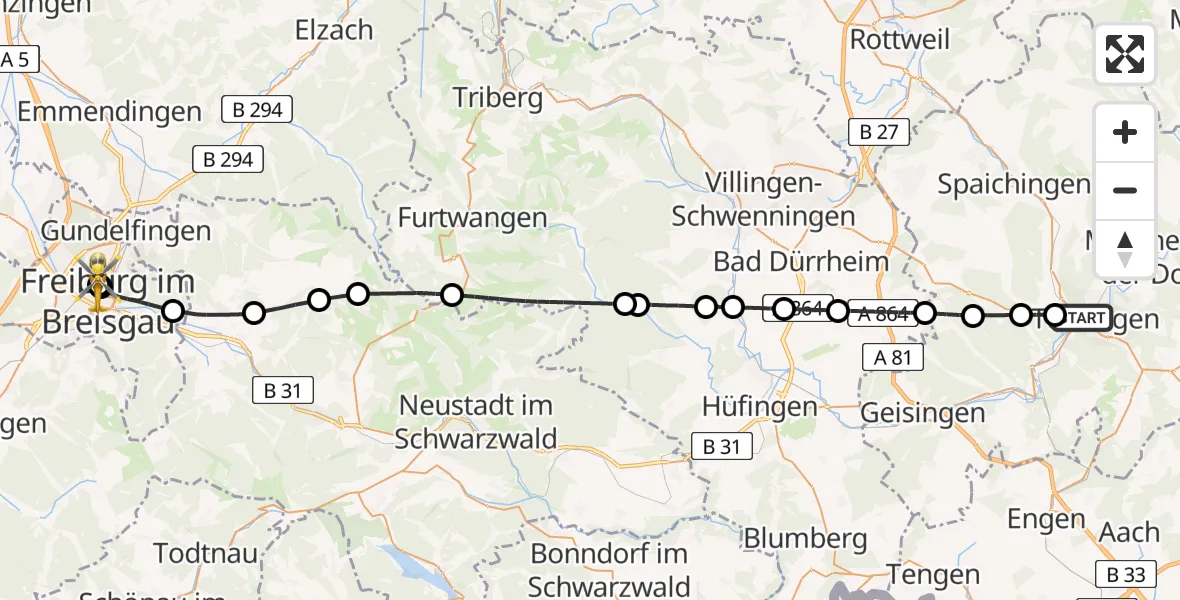 Flugroute Rettungshubschrauber Tuttlingen - Freiburg University Hospital Heliport 2, 20 Juli 2026, 11:28