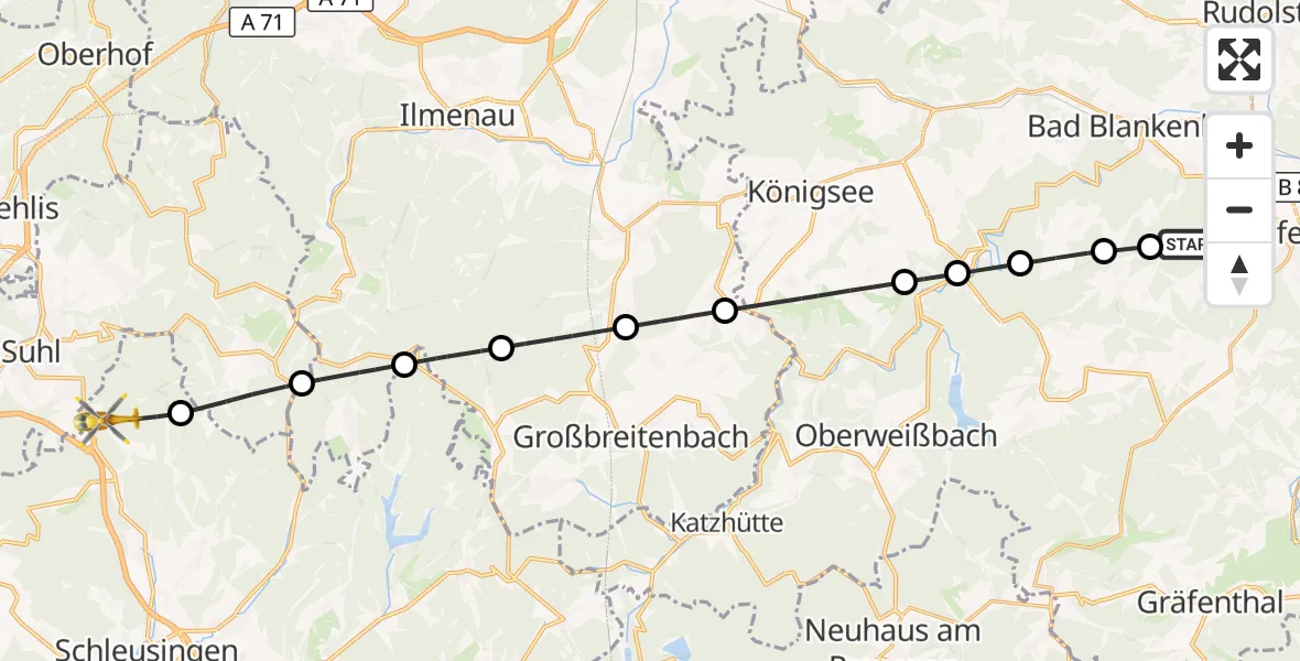 Flugroute Rettungshubschrauber Saalfeld/Saale - Schleusingen, 20 Juli 2026, 11:31