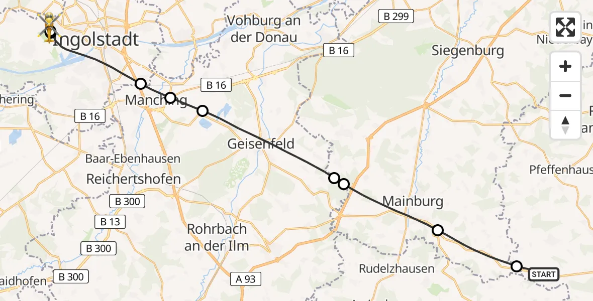 Flugroute Rettungshubschrauber Obersüßbach - Ingolstadt Hospital, 20 Juli 2026, 11:33