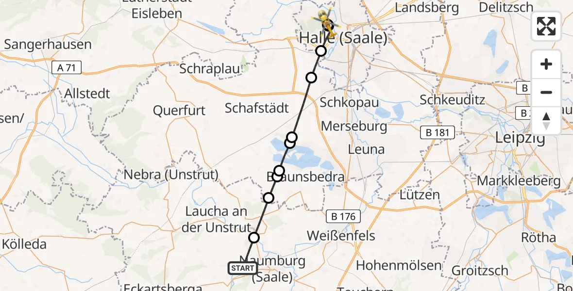 Flugroute Rettungshubschrauber Naumburg (Saale) - Halle (Saale) University Hospital, 20 Juli 2026, 11:37