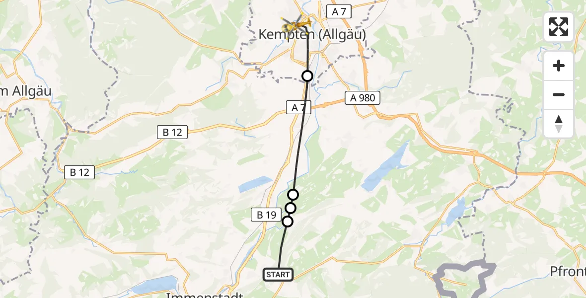 Flugroute Rettungshubschrauber Rettenberg - Kempten (Allgäu), 20 Juli 2026, 11:40