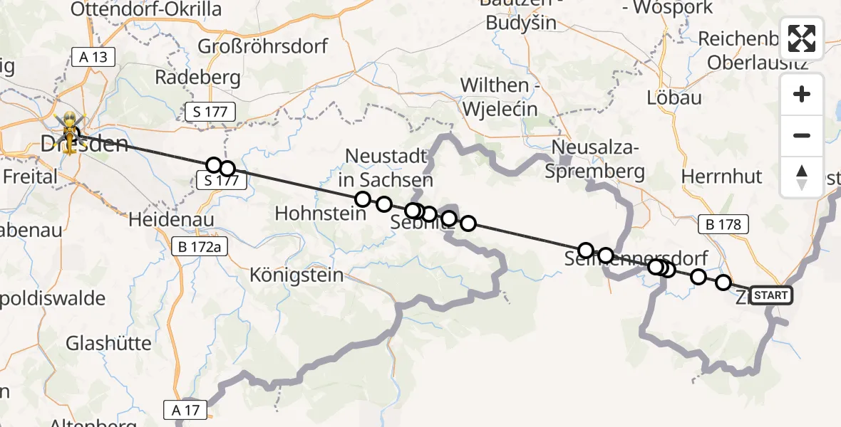 Flugroute Rettungshubschrauber Zittau - Dresden Friedrichstadt Hospital, 20 Juli 2026, 11:42