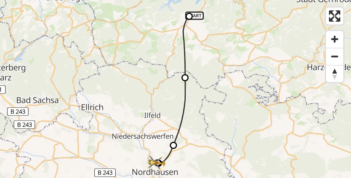 Flugroute Rettungshubschrauber Hasselfelde Flugplatz - Südharz Hospital Nordhausen, 20 Juli 2026, 11:44