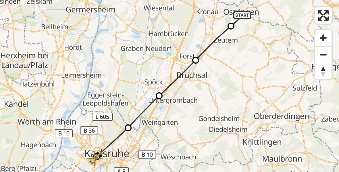 Flugroute Ambulanzhubschrauber Östringen - Sankt Vincentius Hospital, 20 Juli 2026, 11:45