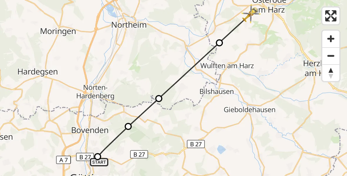 Flugroute Rettungshubschrauber Göttingen University Clinic Hubschrauberlandeplatz - Osterode am Harz, 20 Juli 2026, 11:50
