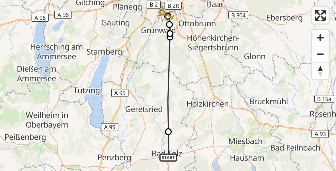 Flugroute Rettungshubschrauber Bad Tölz - ADAC Air Rescue Center Hubschrauberlandeplatz (Christoph 1), 20 Juli 2026, 11:54