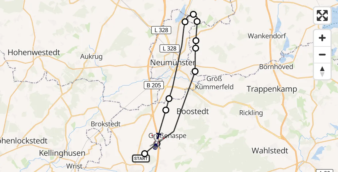 Flugroute Polizeihubschrauber Bad Bramstedt Hubschrauberlandeplatz - Großenaspe, 20 Juli 2026, 11:55