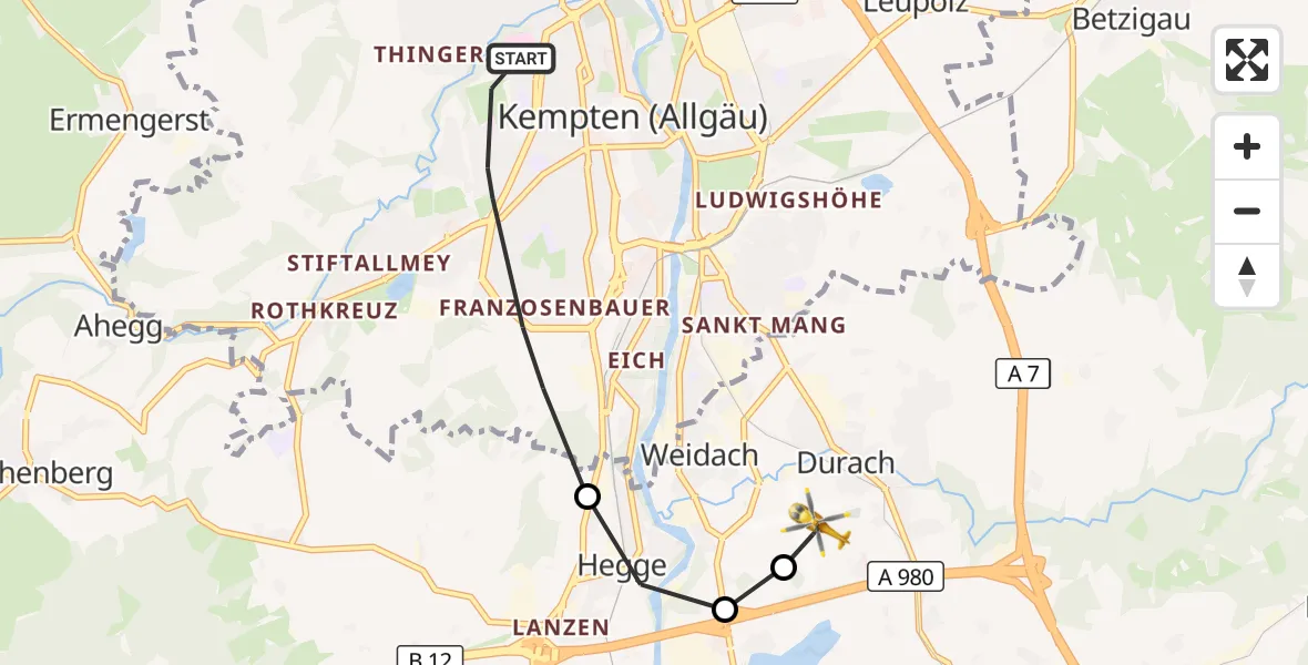 Flugroute Rettungshubschrauber Kempten (Allgäu) - Kempten-Durach Flugplatz, 20 Juli 2026, 12:09