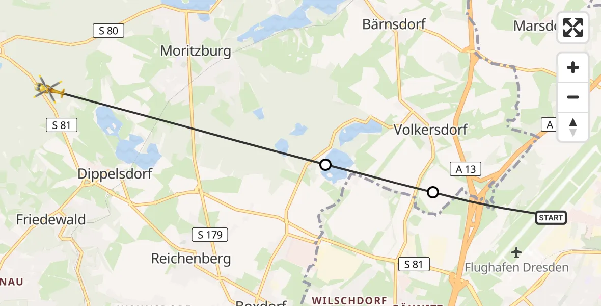 Flugroute Rettungshubschrauber Dresden Flughafen - Coswig, 20 Juli 2026, 12:09