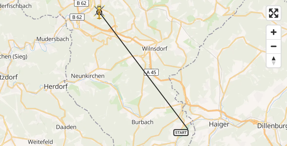Flugroute Rettungshubschrauber Burbach - Evangelisches Jung-Stilling Hospital, 20 Juli 2026, 12:11