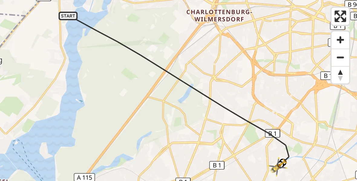 Flugroute Rettungshubschrauber Berlin - Charité Clinic Benjamin Franklin Campus, 20 Juli 2026, 12:19