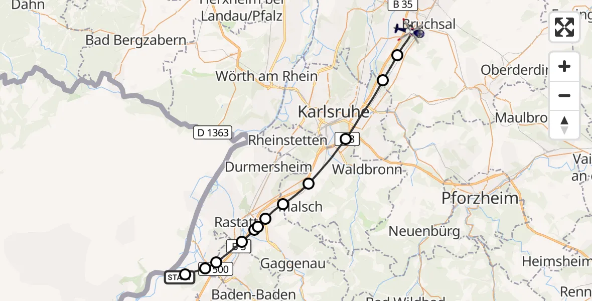 Flugroute Polizeihubschrauber Karlsruhe Baden-Baden Flughafen - Bruchsal, 20 Juli 2026, 12:20