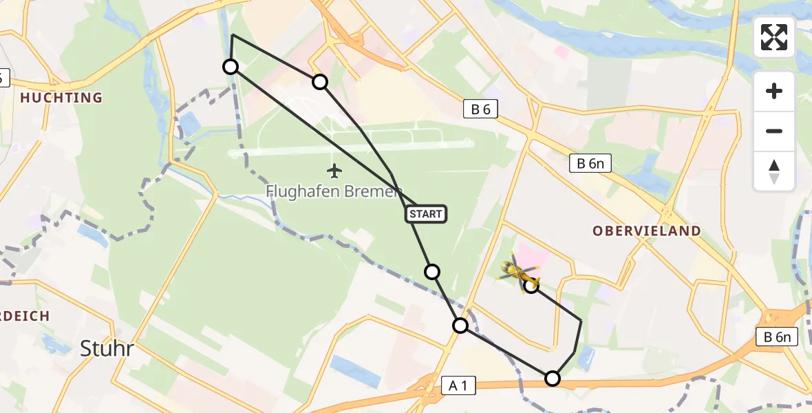 Flugroute Rettungshubschrauber Flughafen Bremen - ADAC Air Rescue Station Bremen Hubschrauberlandeplatz (Christoph 6), 20 Juli 2026, 12:22