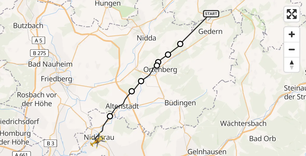 Flugroute Ambulanzhubschrauber Schotten - Nidderau, 20 Juli 2026, 12:27