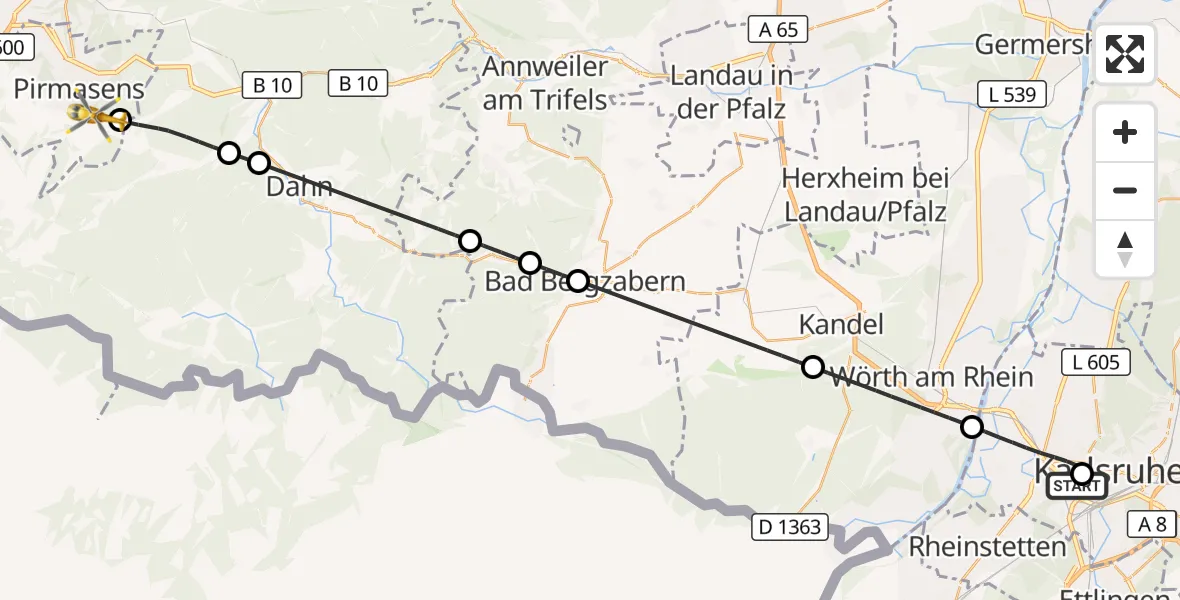 Flugroute Ambulanzhubschrauber Sankt Vincentius Hospital - Pirmasens, 20 Juli 2026, 12:29