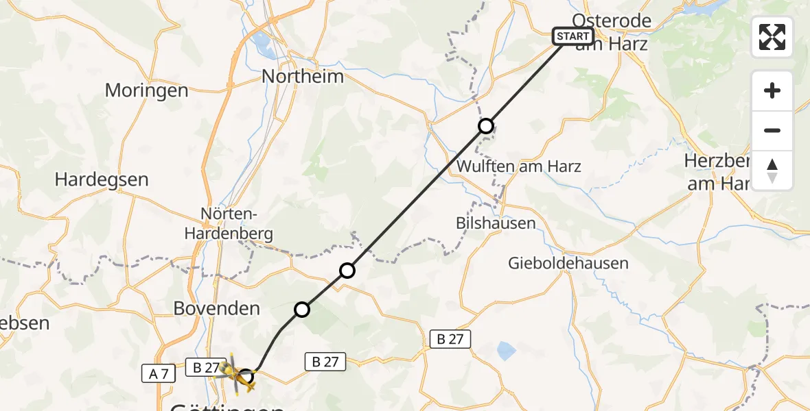 Flugroute Rettungshubschrauber Osterode am Harz - Göttingen University Clinic Hubschrauberlandeplatz, 20 Juli 2026, 12:41