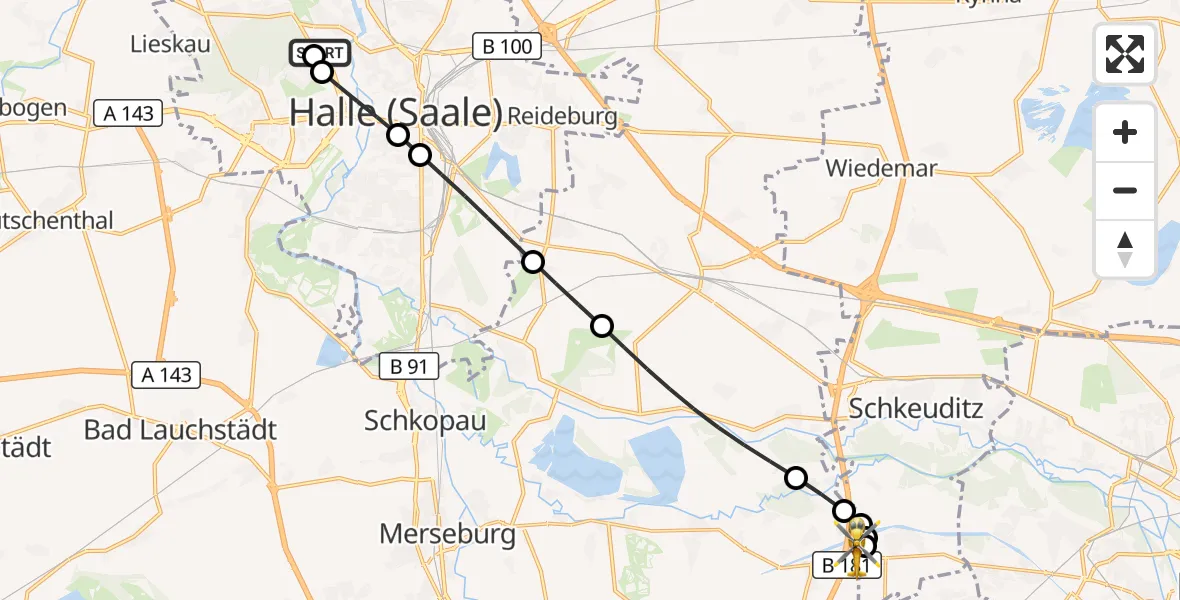 Flugroute Rettungshubschrauber Halle (Saale) University Hospital - ADAC Air Rescue Station Leipzig/Schkeuditz-Dölzig Hubschrauberlandeplatz (Christoph 61), 20 Juli 2026, 12:46