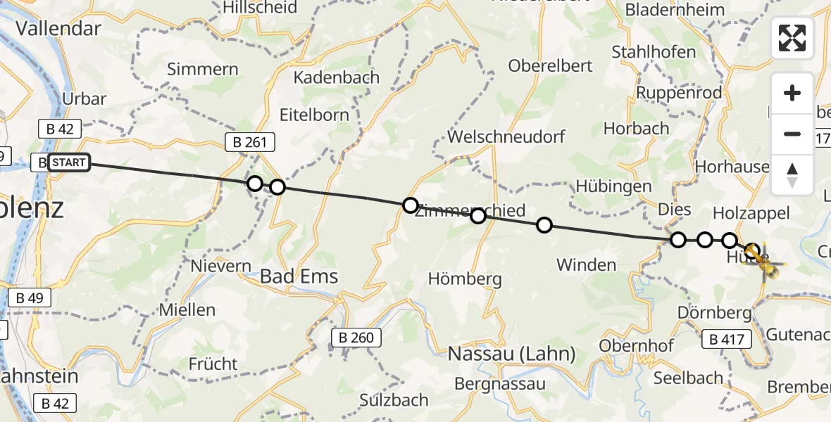 Flugroute Rettungshubschrauber Koblenz - Laurenburg, 20 Juli 2026, 12:46