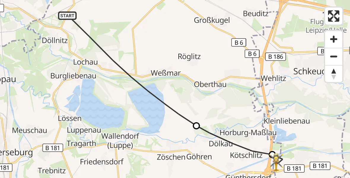 Flugroute Rettungshubschrauber Schkopau - ADAC Air Rescue Station Leipzig/Schkeuditz-Dölzig Hubschrauberlandeplatz (Christoph 61), 20 Juli 2026, 12:46