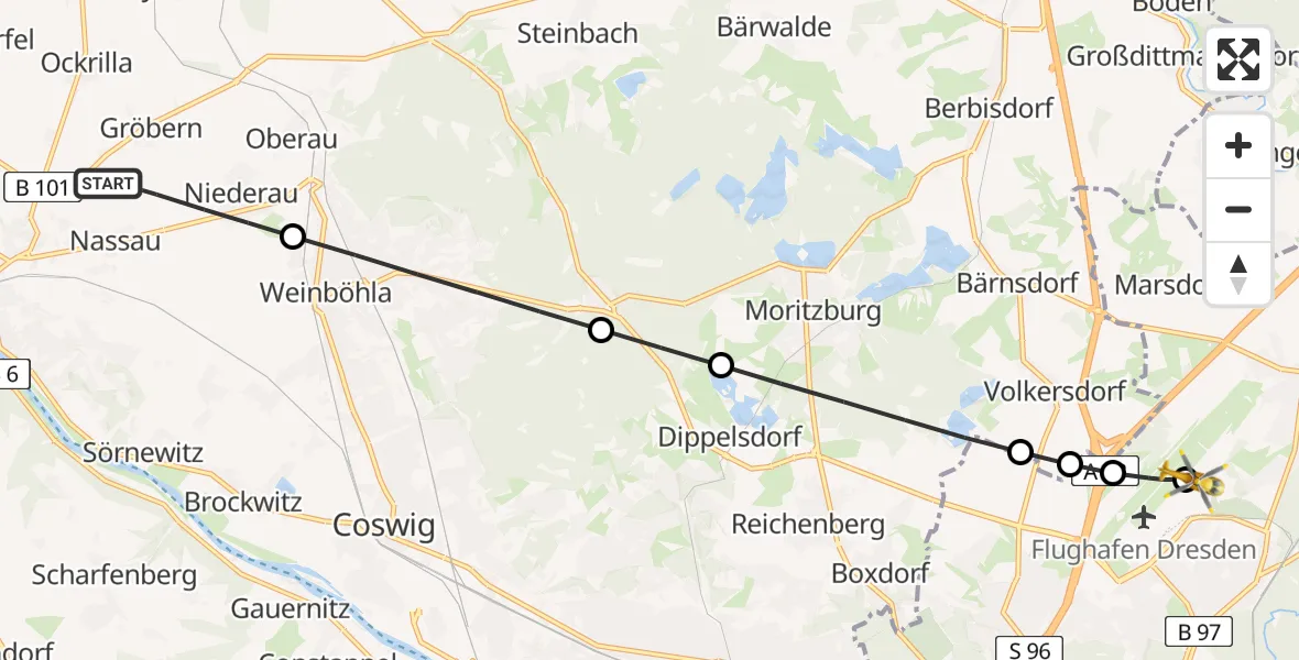 Flugroute Rettungshubschrauber Niederau - Dresden Bundespolizei Hubschrauberlandeplatz, 20 Juli 2026, 12:46