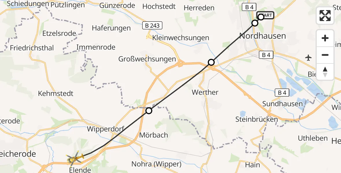 Flugroute Rettungshubschrauber Südharz Hospital Nordhausen - Bleicherode, 20 Juli 2026, 12:47