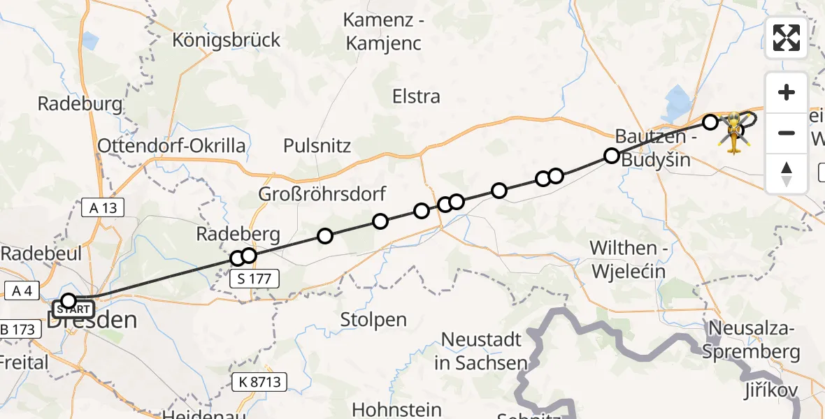 Flugroute Rettungshubschrauber Dresden Friedrichstadt Hospital - Bautzen Flugplatz, 20 Juli 2026, 12:48
