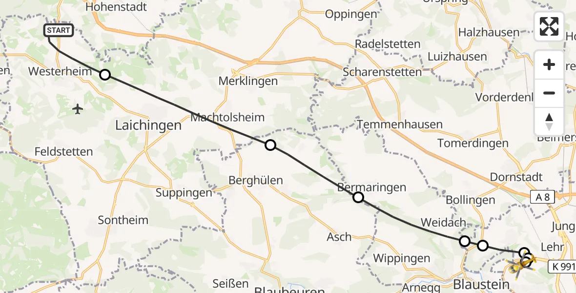 Flugroute Rettungshubschrauber Westerheim - Ulm Military Hospital Emergency, 20 Juli 2026, 12:52